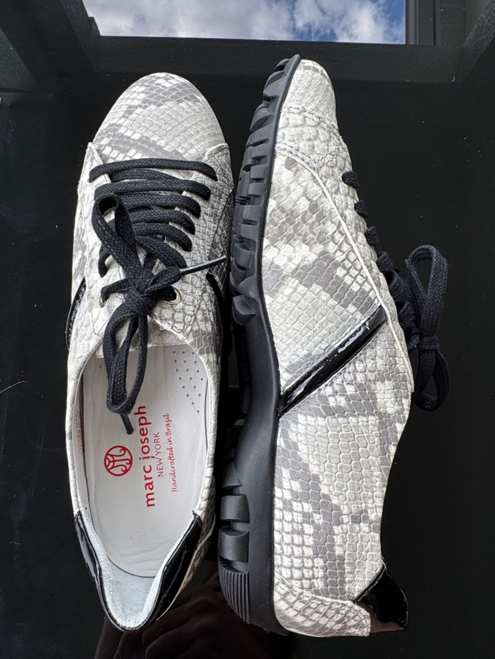 NWOB Marc Joseph Women's Snake-Print Lace-Up Sneakers in Gray and Black